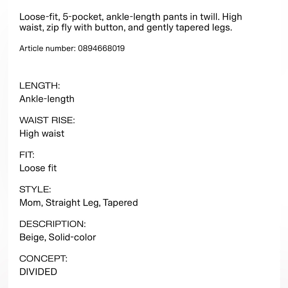 H&M Mom Loose-Fit Twill Pants - NWT size 4 - Picture 2 of 2
